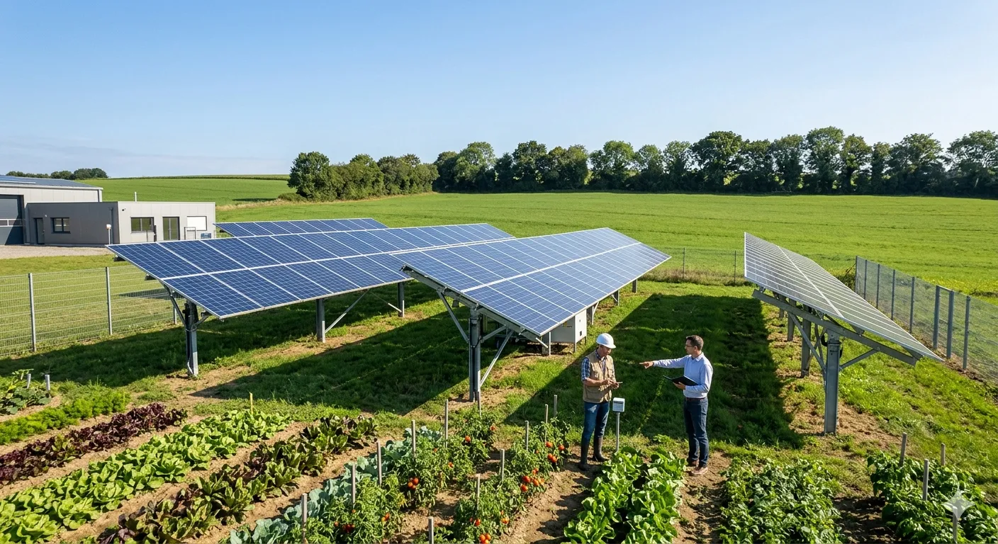 Agrivoltaic installation: solar panels above a mixed vegetable plot, two specialists inspecting crops